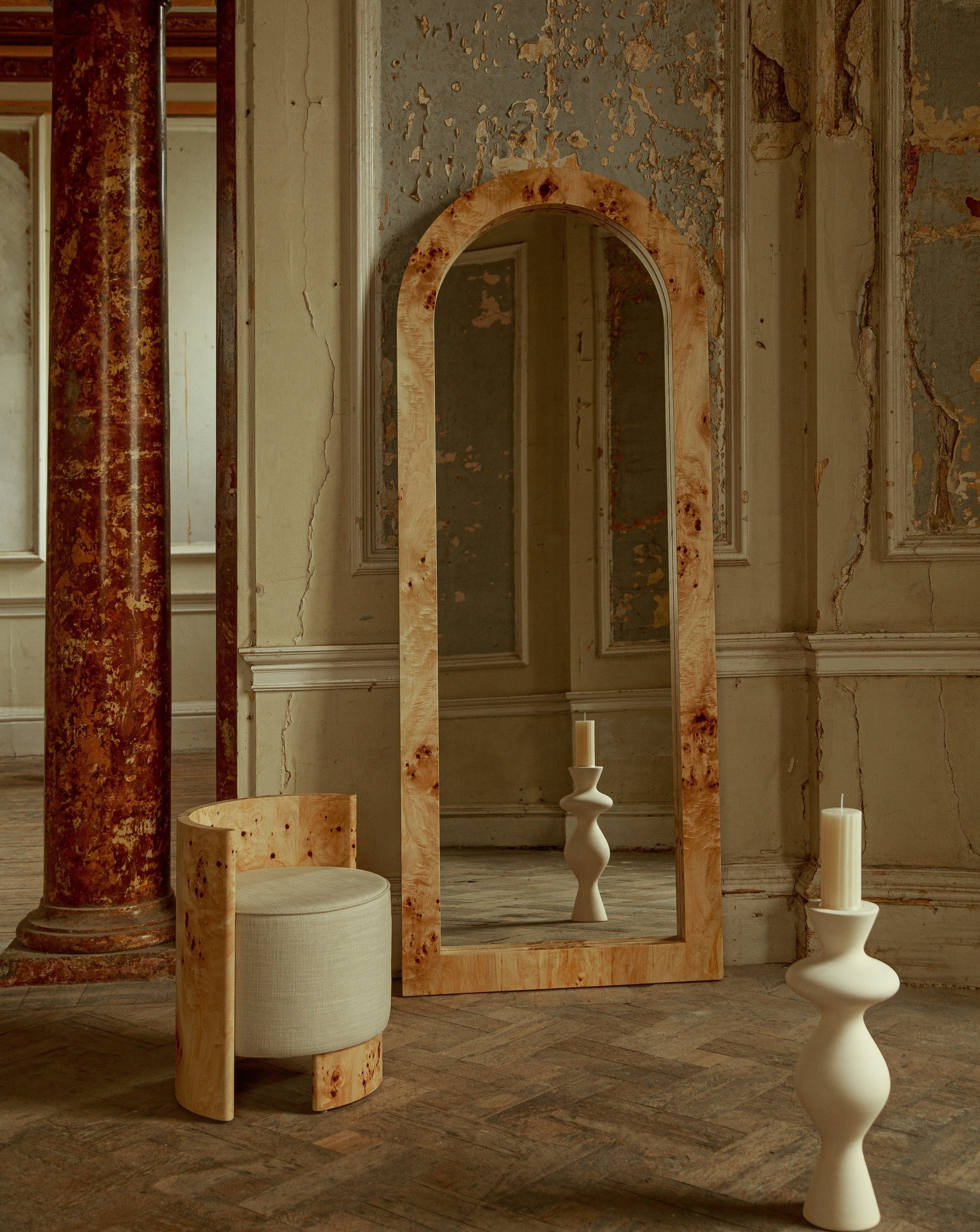 Arc Burl Wood Floor Mirror